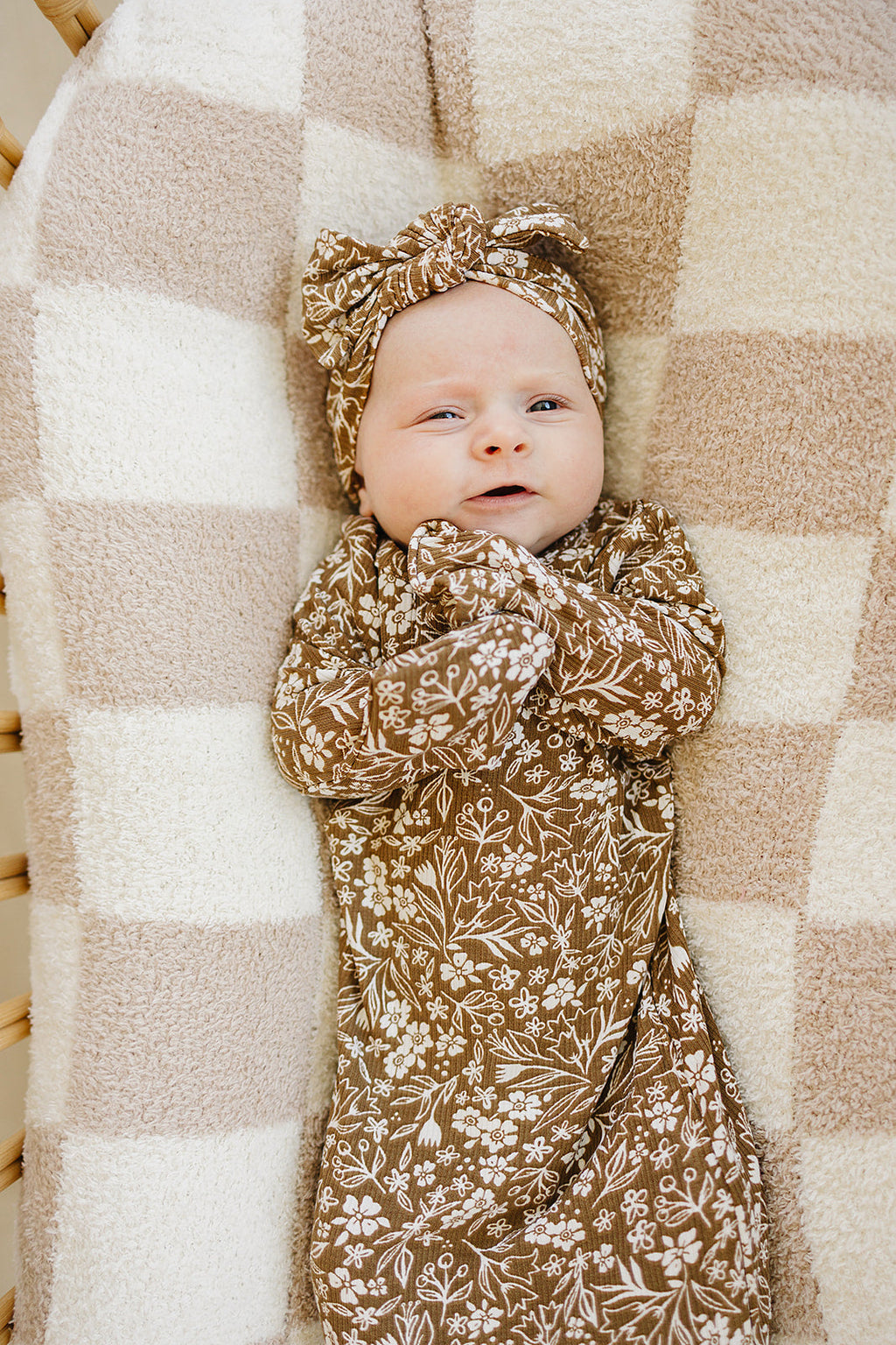 Brown Floral Ribbed Bamboo Knot Gown